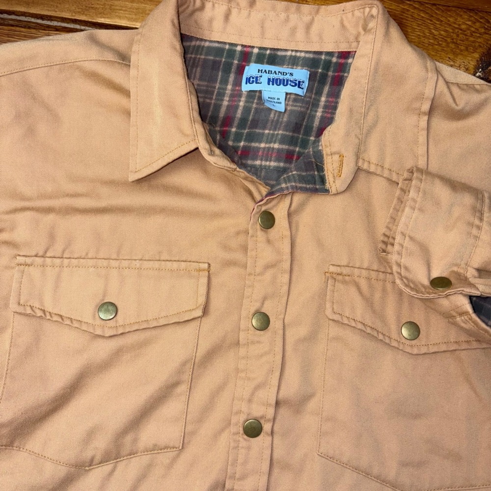 Vtg Haband Ice House Jacket Men Large Tan Flannel Lined Canvas Snap Utility